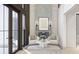Inviting entryway with a decorative fireplace, seating area and stylish herringbone accent wall at 8 Avonwood, Tampa, FL 33625