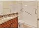 Bathroom vanity with granite top, plus accessibility bars in the shower at 16232 Amethyst Key Dr, Wimauma, FL 33598