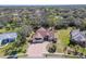 Beautiful aerial shot of a home with mature trees, manicured lawns, and a brick driveway in a serene neighborhood at 18739 Bascomb Ln, Hudson, FL 34667