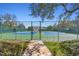 Gated tennis courts with green and blue playing surface, surrounded by mature trees and landscaping at 18739 Bascomb Ln, Hudson, FL 34667