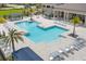 Aerial view of a large community pool area with lounge chairs, umbrellas, and palm trees at 3107 Mountain Spruce Ter, Wesley Chapel, FL 33543