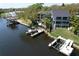 Aerial view of waterfront property with private docks, highlighting the home's prime location and water access at 4035 N River View Ave, Tampa, FL 33607