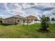 Backyard featuring solar panels, a covered patio, and lush green grass at 9211 Seeger Ln, Land O Lakes, FL 34638