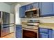 Kitchen featuring stainless steel appliances, blue cabinets, and modern light fixtures at 9407 Black Thorn Loop, Land O Lakes, FL 34638