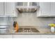 Close up of the kitchen range and backsplash with stainless hood and granite countertops at 12857 Satin Lily Dr, Riverview, FL 33579