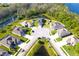 Stunning aerial view of neighborhood cul-de-sac with lake and wooded backdrop at 19730 Preservation Woods Dr, Lutz, FL 33558