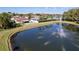 Aerial view of the backyard with a pond and fountain nearby, creating a serene outdoor space at 3810 Chaucer Way, Land O Lakes, FL 34639