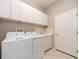 Bright laundry room with white washer, dryer, and overhead cabinet storage at 4372 Water Oak Way, Palm Harbor, FL 34685