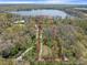 Aerial shot highlighting the property's boundary, lush greenery, and proximity to the serene lake at 6302 Fitzgerald Rd, Odessa, FL 33556