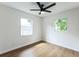 This bright bedroom has hardwood floors, a ceiling fan and fresh paint at 1316 Barry St, Clearwater, FL 33756