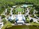Breathtaking aerial view showcasing lush greenery, a serene lake, and the community's inviting clubhouse and pool area at 17802 Everlong Dr, Land O Lakes, FL 34638