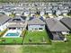 Aerial view of backyard featuring a pool, green lawn, landscaping, and privacy fence at 17802 Everlong Dr, Land O Lakes, FL 34638