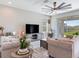 Bright living room with comfortable seating, a large TV, and a sliding glass door for outdoor access at 17802 Everlong Dr, Land O Lakes, FL 34638