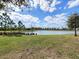 Scenic pond surrounded by lush green grass, mature trees, and a bright blue sky at 5027 Autumn Ridge Dr, Wesley Chapel, FL 33545