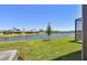 Spacious backyard with a serene lake view, lush green grass, and a young tree in the center at 9412 Coastline Way, Parrish, FL 34219