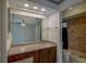 Bathroom with long vanity and mirror with the shower/toilet combo behind the door at 2847 Rampart Cir, Clearwater, FL 33761
