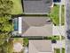 Aerial view of a home with a screened pool, patio, and well-maintained landscaping in a suburban neighborhood at 31123 Stone Arch Ave, Wesley Chapel, FL 33545