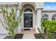 Charming front door adorned with a wreath and plants on either side, welcome home at 31123 Stone Arch Ave, Wesley Chapel, FL 33545