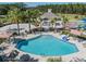 Community pool with lounge chairs, umbrellas, picnic tables, and lush landscaping at 33899 Astoria Cir, Wesley Chapel, FL 33545