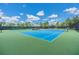 Blue and green community tennis courts with shade structures and manicured landscaping at 33899 Astoria Cir, Wesley Chapel, FL 33545