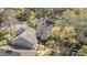 An aerial view showcases the property's roof, chimney, landscaping, and proximity to a tree-lined neighborhood at 102 Old Mill Pond Rd, Palm Harbor, FL 34683