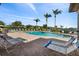 Community pool area with lounge chairs, palm trees, and a well-maintained brick patio on a sunny day at 4209 Woodstorks Walk Way # 1304, Lutz, FL 33558