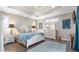 A bright main bedroom with white furniture and tray ceilings provides a restful and elegant retreat at 135 Cabana Way, Rotonda West, FL 33947