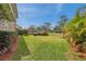 Lush backyard featuring manicured lawns, trimmed hedges, and tropical plants providing serene outdoor space at 2280 Mackenzie Ct, Clearwater, FL 33765
