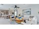 Open-concept living room featuring neutral tones, stylish decor, and seamless flow to the kitchen and dining area at 13287 Tropical Breeze Way, Hudson, FL 34669