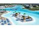 Tropical beach with inviting white sand, beach chairs, and tiki huts offer a luxurious vacation lifestyle experience at 9119 Forge Breeze Loop, Wesley Chapel, FL 33545
