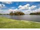 Tranquil water view with grassy lawn and scattered trees, featuring islands within the lake at 1609 Bunker Hill Dr, Sun City Center, FL 33573