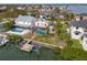 A beautiful aerial view of a home and backyard that features a dock, swimming pool, and green lawn at 1936 Arrowhead Ne Dr, St Petersburg, FL 33703