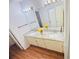 Bathroom features a dual sink vanity with granite countertop and modern lighting fixtures at 15013 Redcliff Dr, Tampa, FL 33625