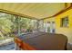 Covered patio with hot tub overlooking lush tropical foliage at 2457 Orangepointe Ave, Palm Harbor, FL 34683