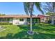 View of the backyard, showcasing the back of the house, a well-manicured lawn, and a palm tree at 3210 Mcmath Dr, Palm Harbor, FL 34684