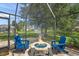 Inviting outdoor fire pit with blue glass rocks and seating under a screened enclosure overlooking pond and backyard at 5141 Sunnydale Cir, Sarasota, FL 34233
