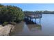 Waterfront pier extending onto the calm water of a lake surrounded by lush greenery under a clear sky at 7069 Key Haven Rd # 205, Seminole, FL 33777