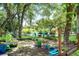 Spacious backyard featuring a flourishing garden, cozy seating area, and serene water views, creating a peaceful retreat at 9501 Alice Ln, Riverview, FL 33578