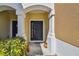 Close-up of a black front door with sidelights under an arched porch, complemented by potted plants and green shrubbery at 10214 Post Harvest Dr, Riverview, FL 33578