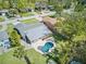 Aerial view of backyard with pool, patio and lush landscaping surrounding the home at 1842 Oklahoma Ne Ave, St Petersburg, FL 33703