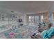 Spacious living room featuring water views, a TV, recliners, and a colorful rug with coastal decor at 4650 Bay Blvd # 1012, Port Richey, FL 34668