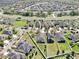 Suburban homes and green spaces, seen from above, display organized neighborhood layout and backyard privacy at 8220 Round Leaf Ln, Riverview, FL 33578