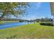 Serene backyard view with a picturesque pond, manicured lawn, and mature tree providing shade at 4522 Tramanto Ln, Wesley Chapel, FL 33543
