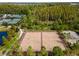 Aerial view of the outdoor basketball court surrounded by green trees in a private area at 4896 San Martino Dr, Wesley Chapel, FL 33543