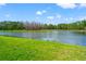 Scenic lake view with a green lawn and a line of trees providing a peaceful backdrop at 4896 San Martino Dr, Wesley Chapel, FL 33543