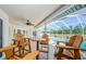Inviting pool patio featuring a table with seating, ceiling fan and access to the screened pool at 5342 Sagamore Ct, New Port Richey, FL 34655