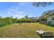 Large backyard with a fire pit, sandbox, and partially covered patio, ideal for Gathering activities at 3059 Hickory Dr, Largo, FL 33770