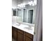 Bathroom featuring double sinks, oak cabinets, and a large mirror above the vanity at 6116 Parkset Dr, Lithia, FL 33547