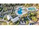 A beautiful aerial view of an outdoor community pool and playground surrounded by tropical trees at 4607 Ballantrae Boulevard, Land O Lakes, FL 34638