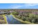 Aerial view of a pond surrounded by dense trees, lily pads, and waterfront homes at 5843 Justicia Loop, Land O Lakes, FL 34639